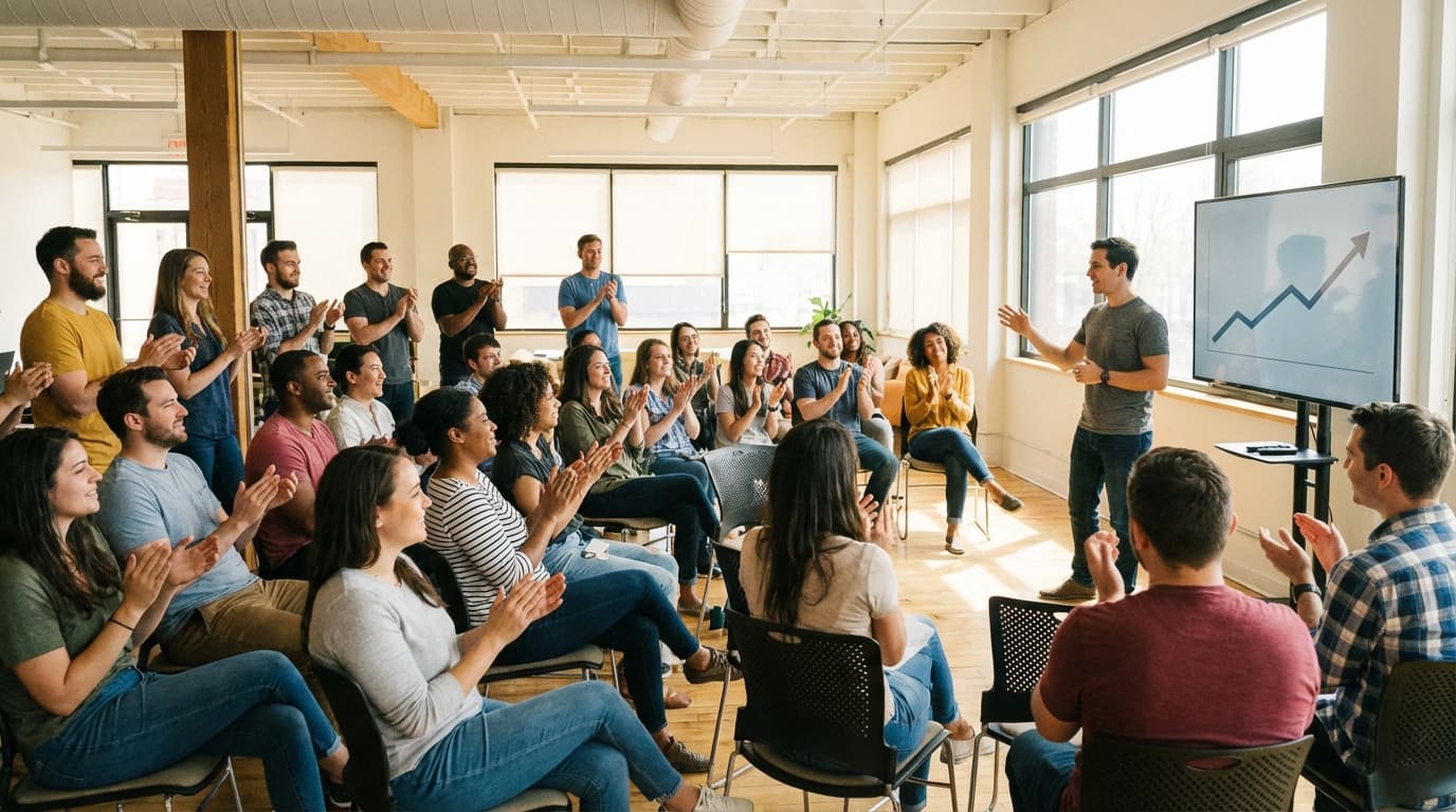 A company all-hands meeting with an engaged, smiling team