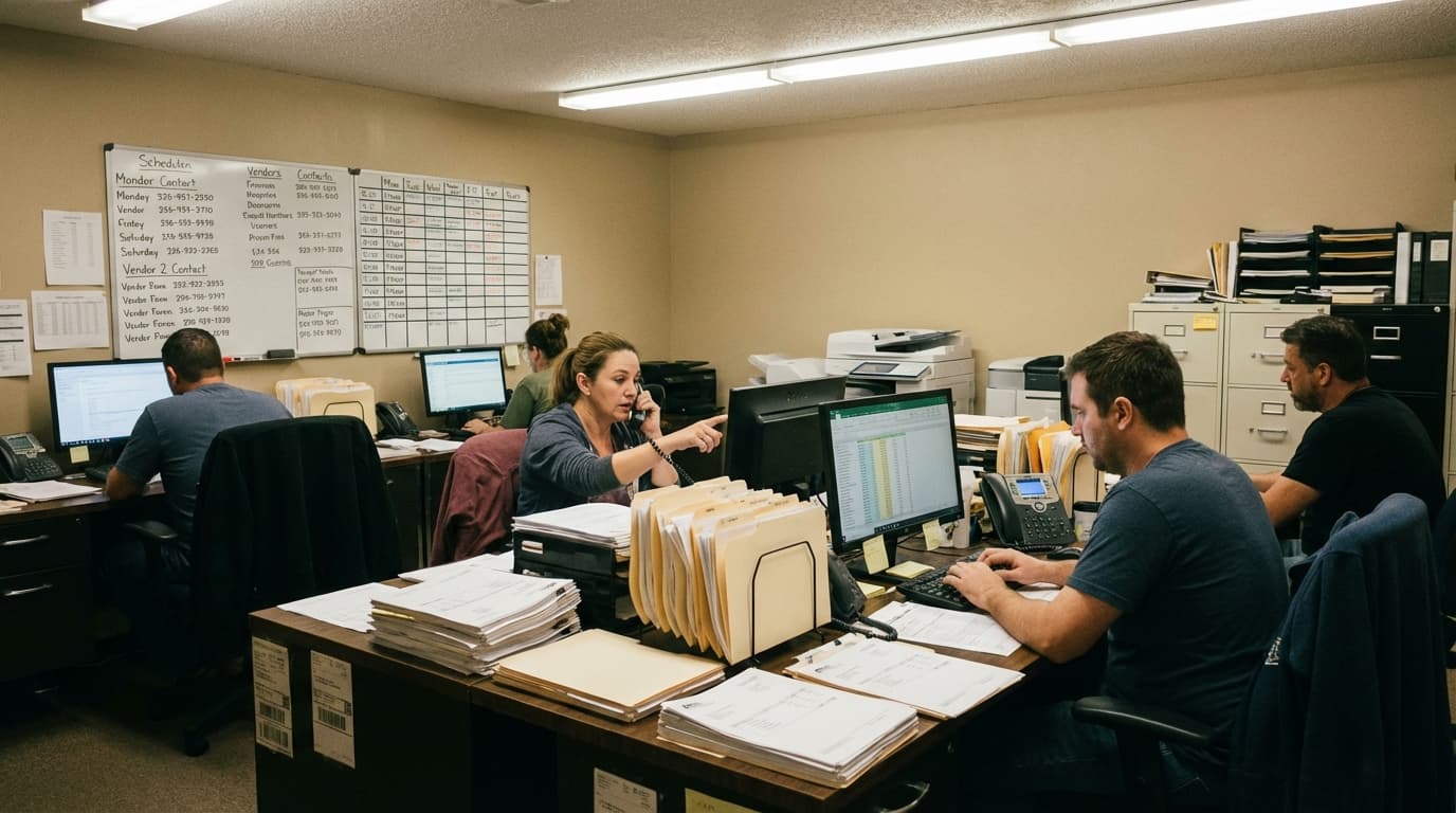 A busy back office — employees processing paperwork, managing vendors, and coordinating operations