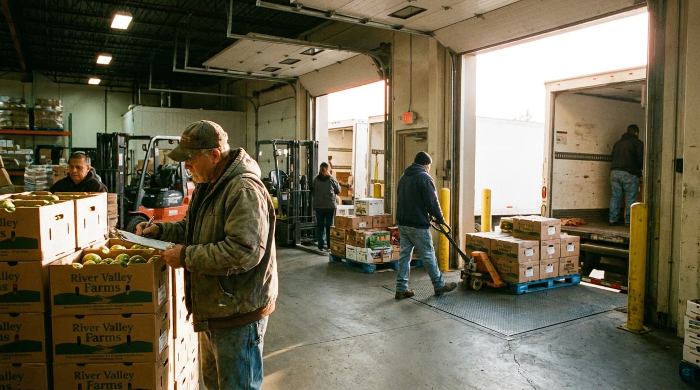 Workers at a grocery receiving dock checking deliveries and moving pallets